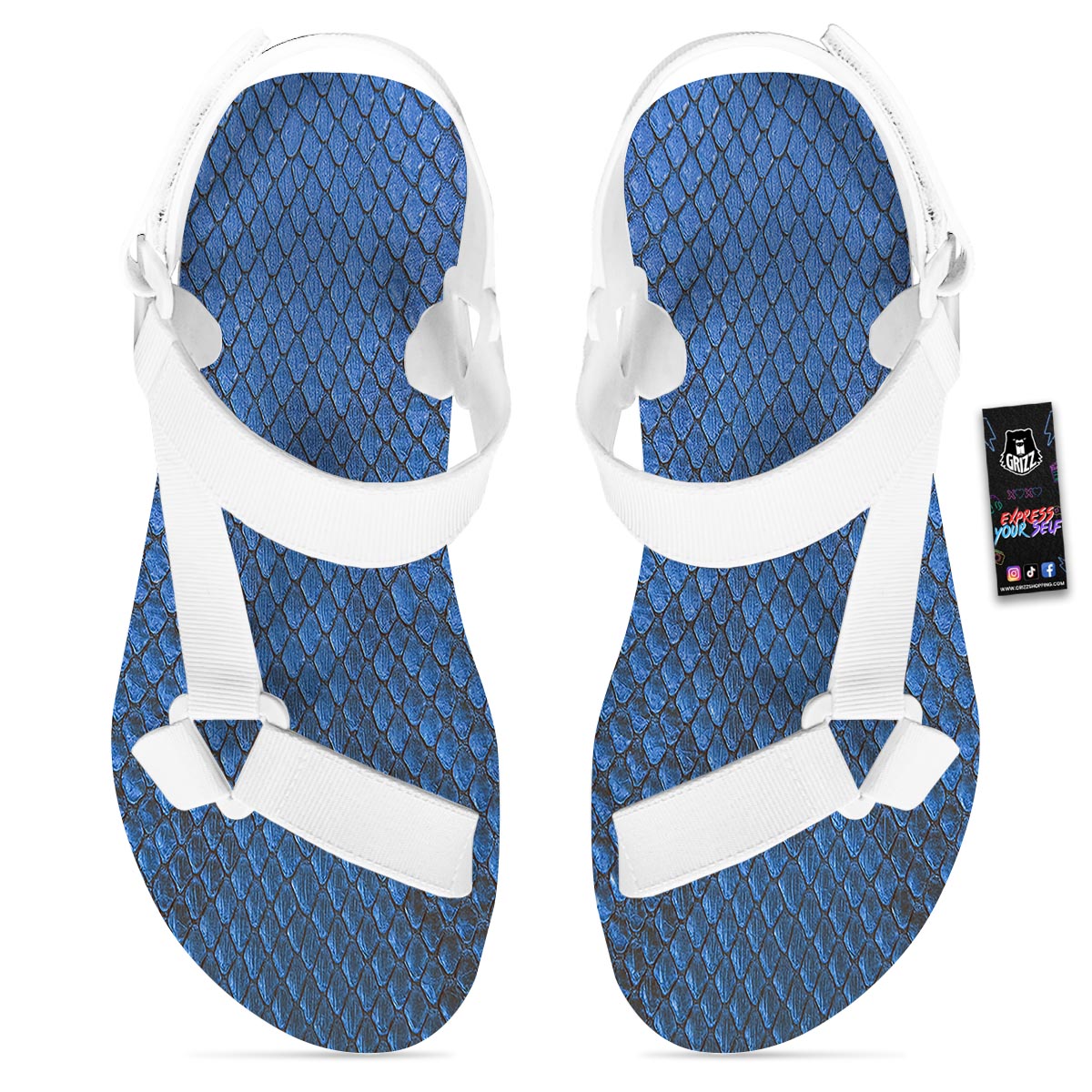 Snakeskin Steel Blue Print White Open Toe Sandals-grizzshop