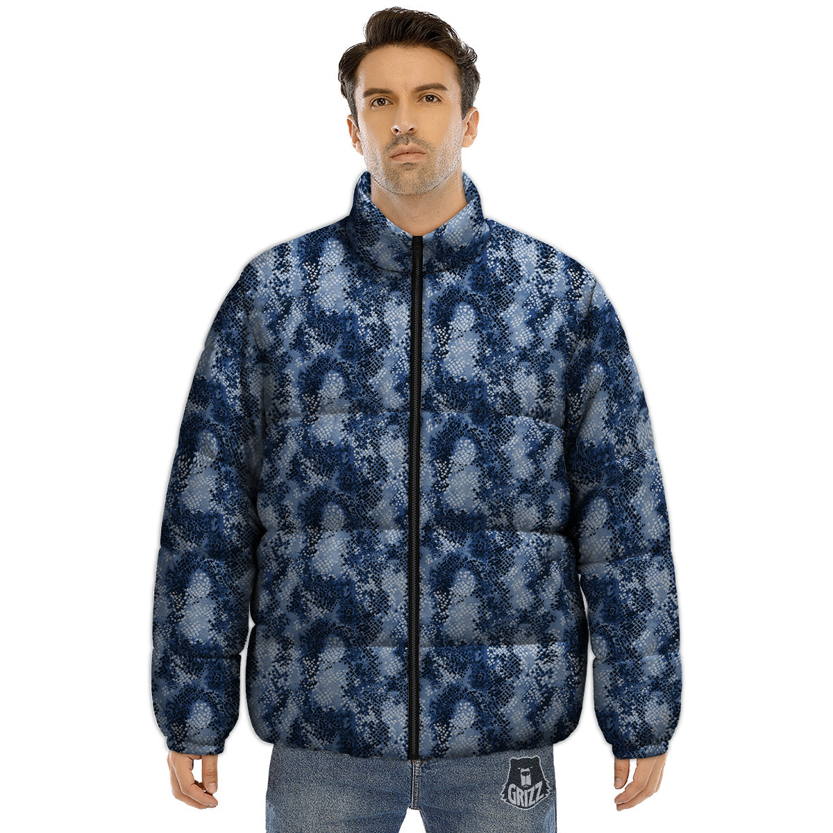Snakeskin Watercolor Print Pattern Puffer Jacket-grizzshop