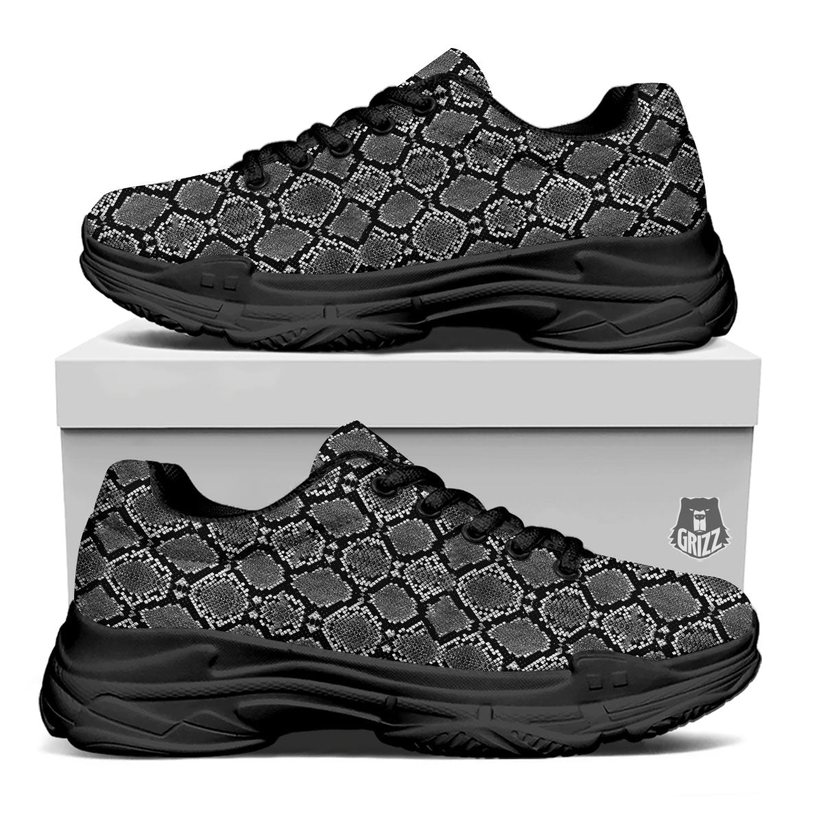 Snakeskin White And Black Print Black Chunky Shoes-grizzshop