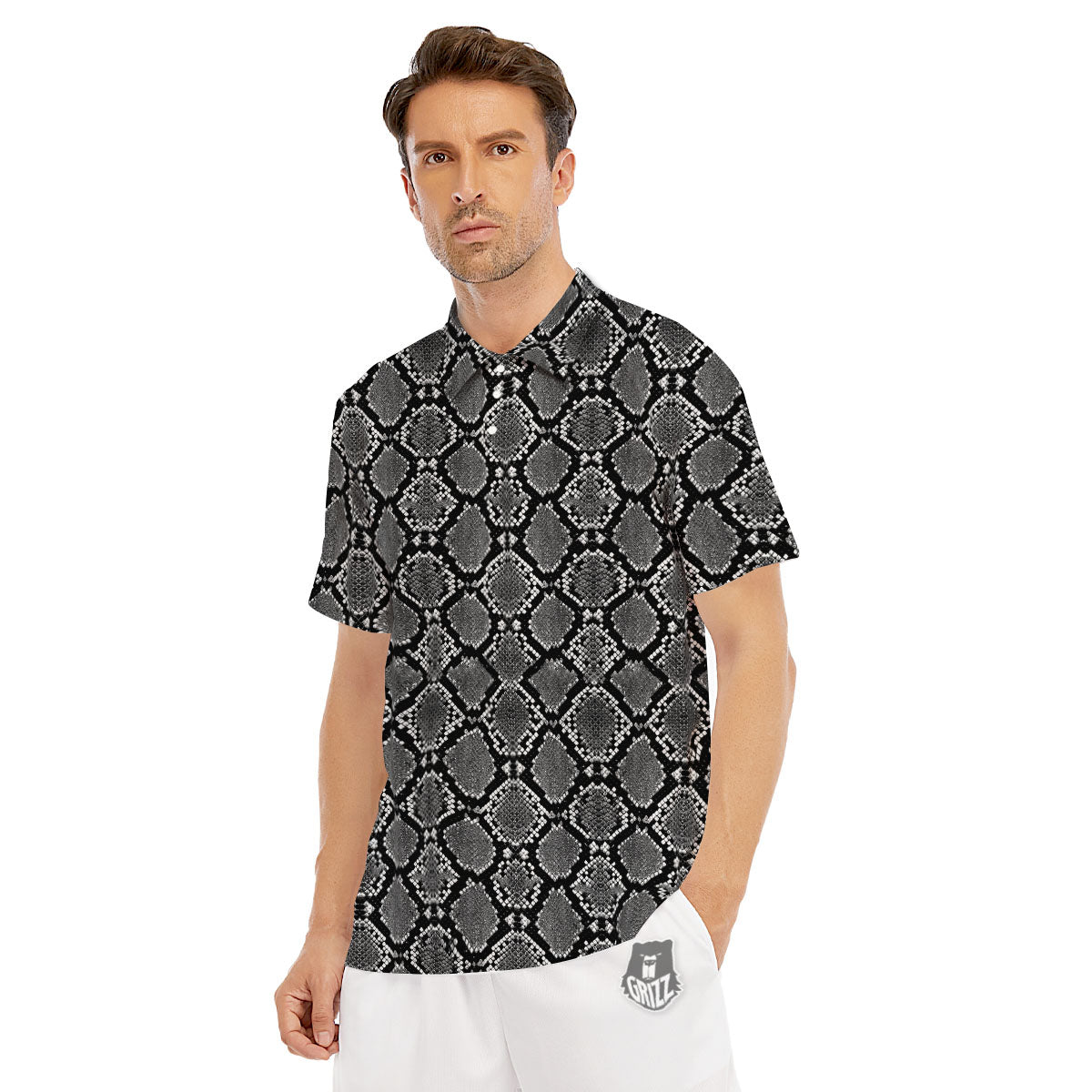 Snakeskin White And Black Print Men's Golf Shirts-grizzshop