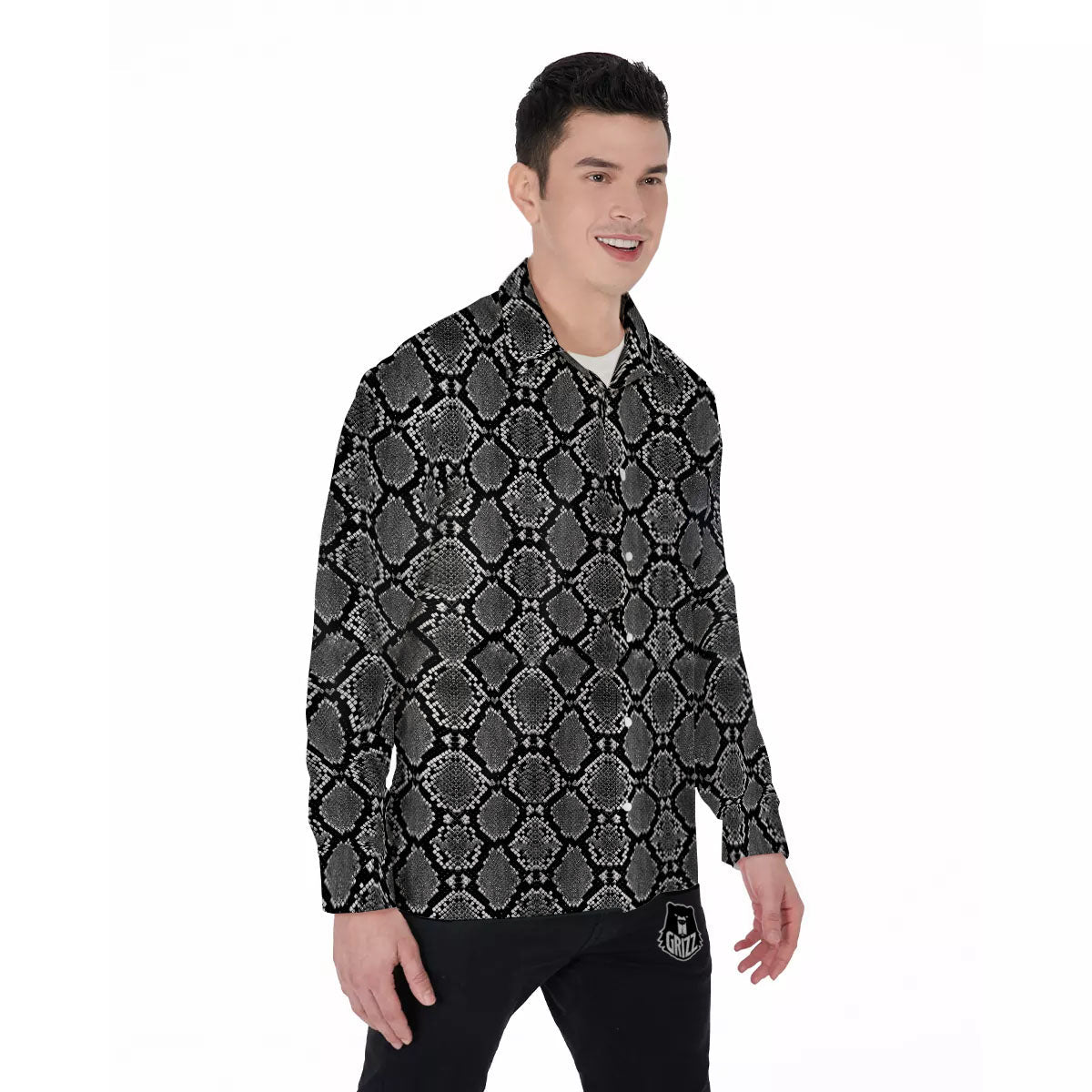 Snakeskin White And Black Print Men's Long Sleeve Shirts-grizzshop