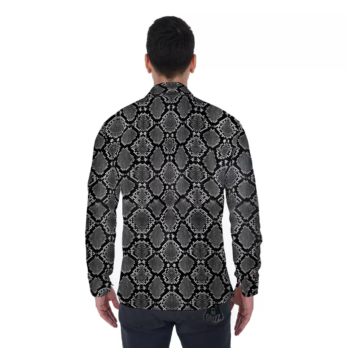 Snakeskin White And Black Print Men's Long Sleeve Shirts-grizzshop