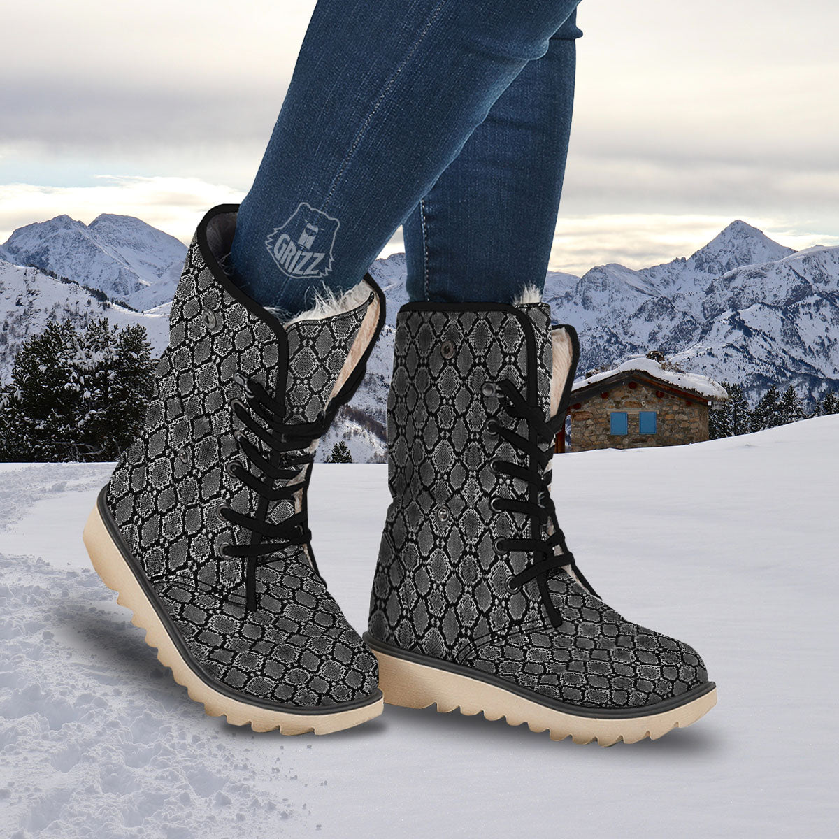 Snakeskin White And Black Print Snow Boots-grizzshop