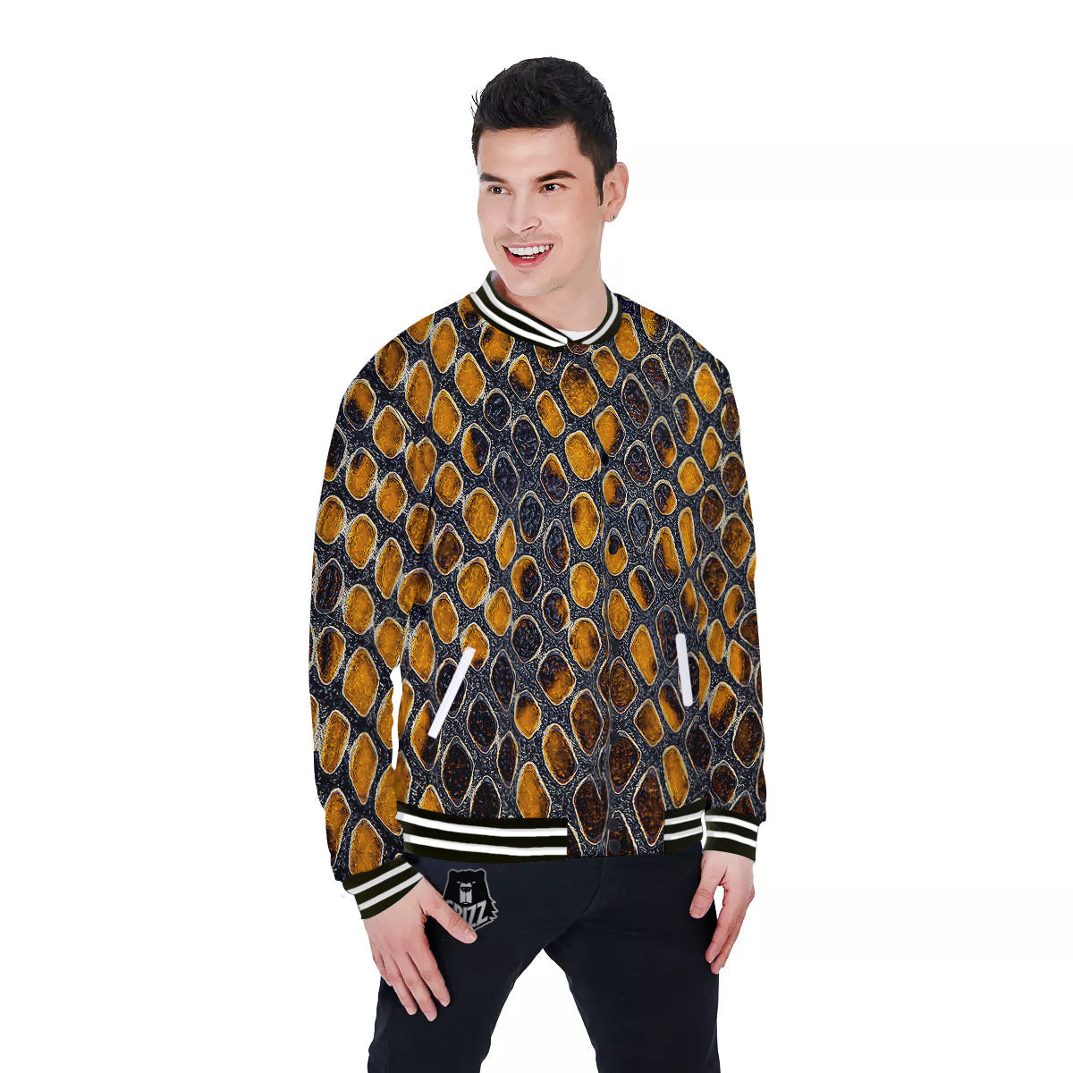 Snakeskin Yellow And Black Print Baseball Jacket-grizzshop