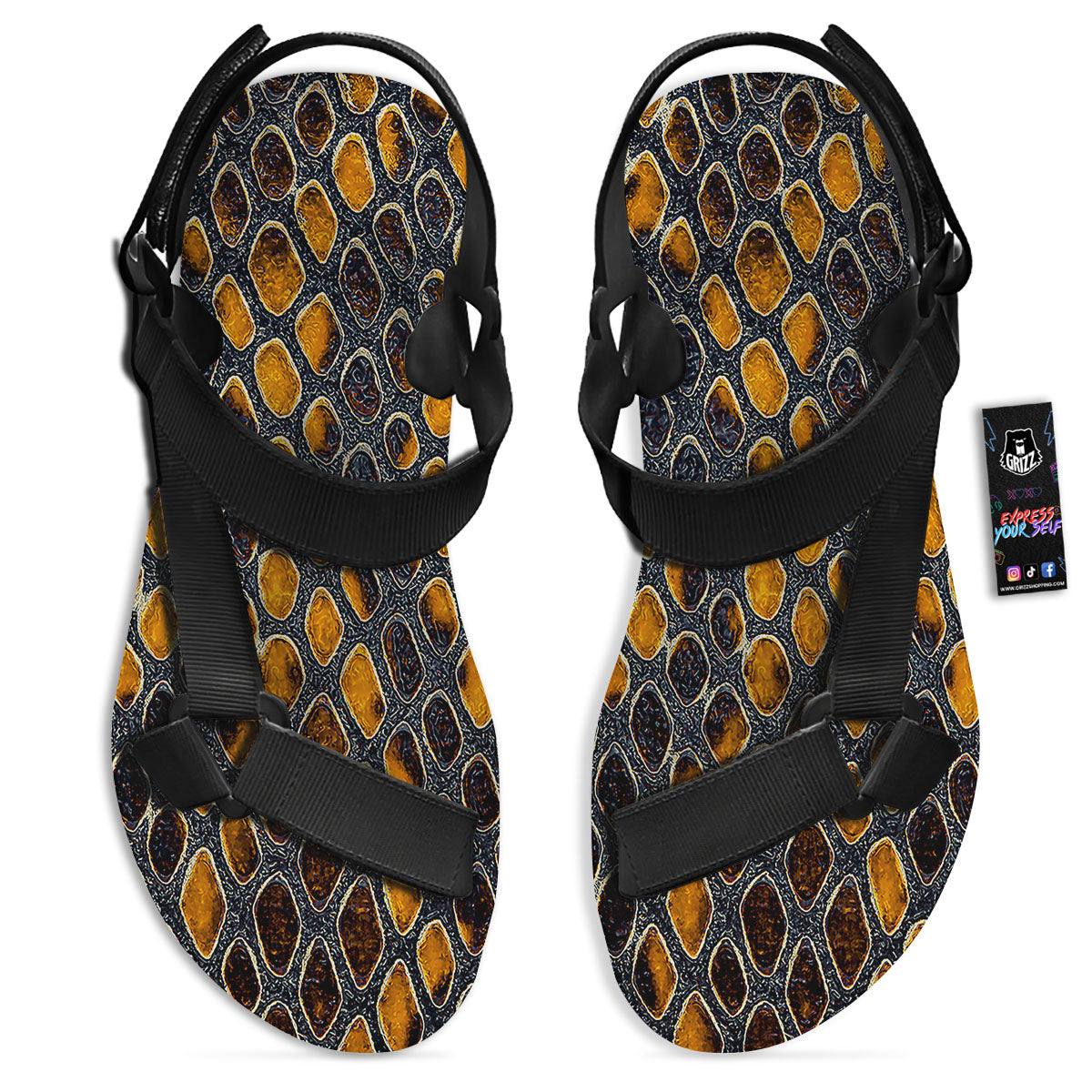 Snakeskin Yellow And Black Print Black Open Toe Sandals-grizzshop