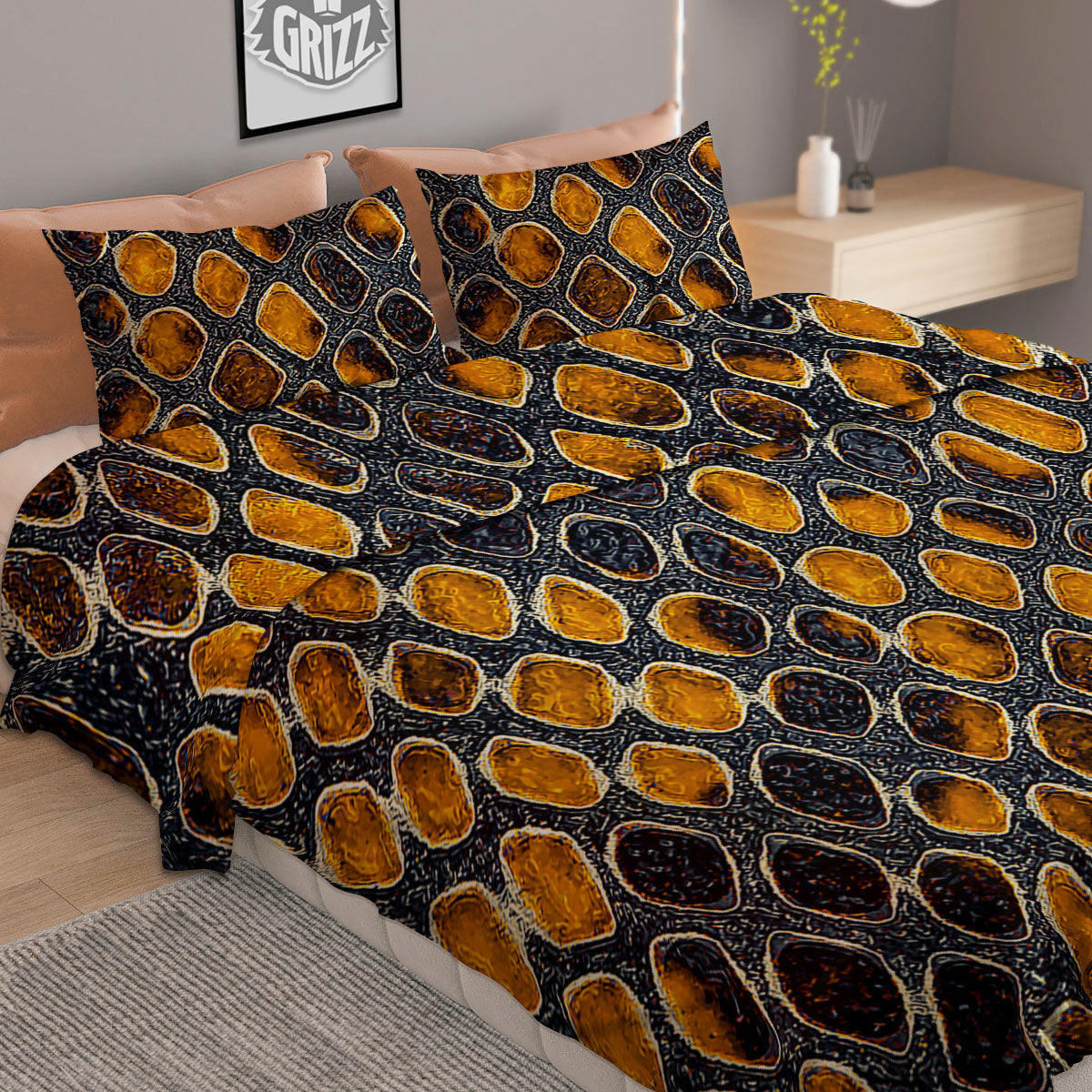 Snakeskin Yellow And Black Print Duvet Cover Bedding Set
