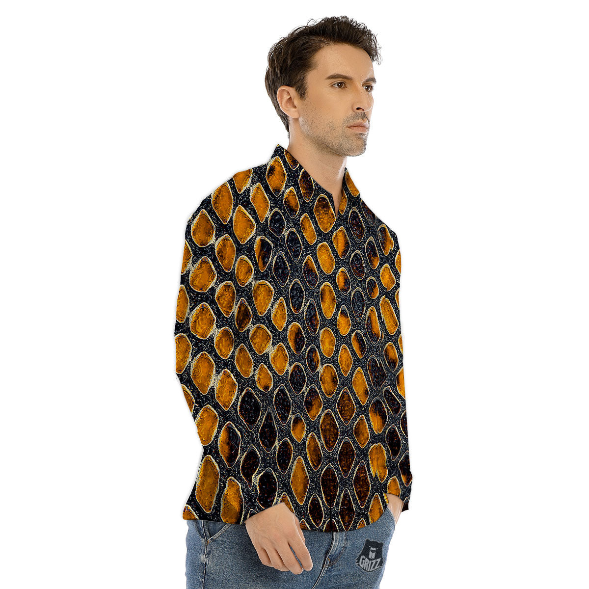 Snakeskin Yellow And Black Print Men's Dress Shirts-grizzshop