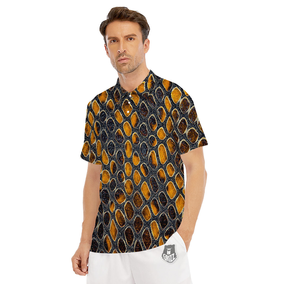 Snakeskin Yellow And Black Print Men's Golf Shirts-grizzshop