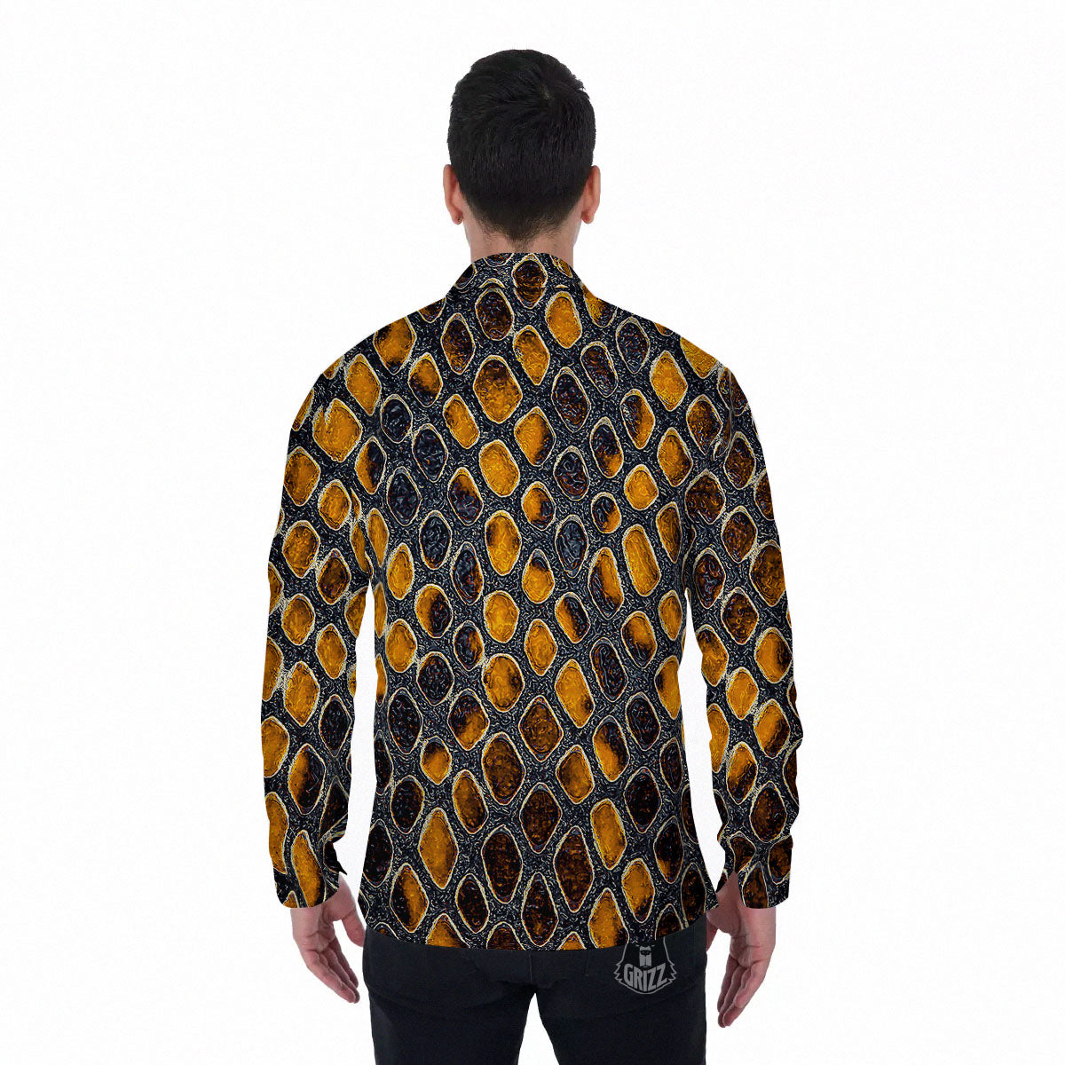 Snakeskin Yellow And Black Print Men's Long Sleeve Shirts-grizzshop