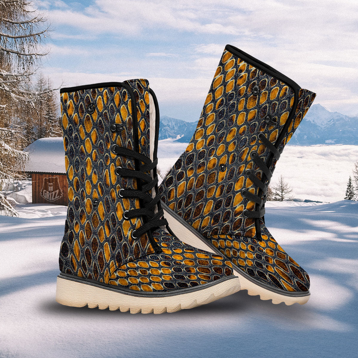 Snakeskin Yellow And Black Print Snow Boots-grizzshop