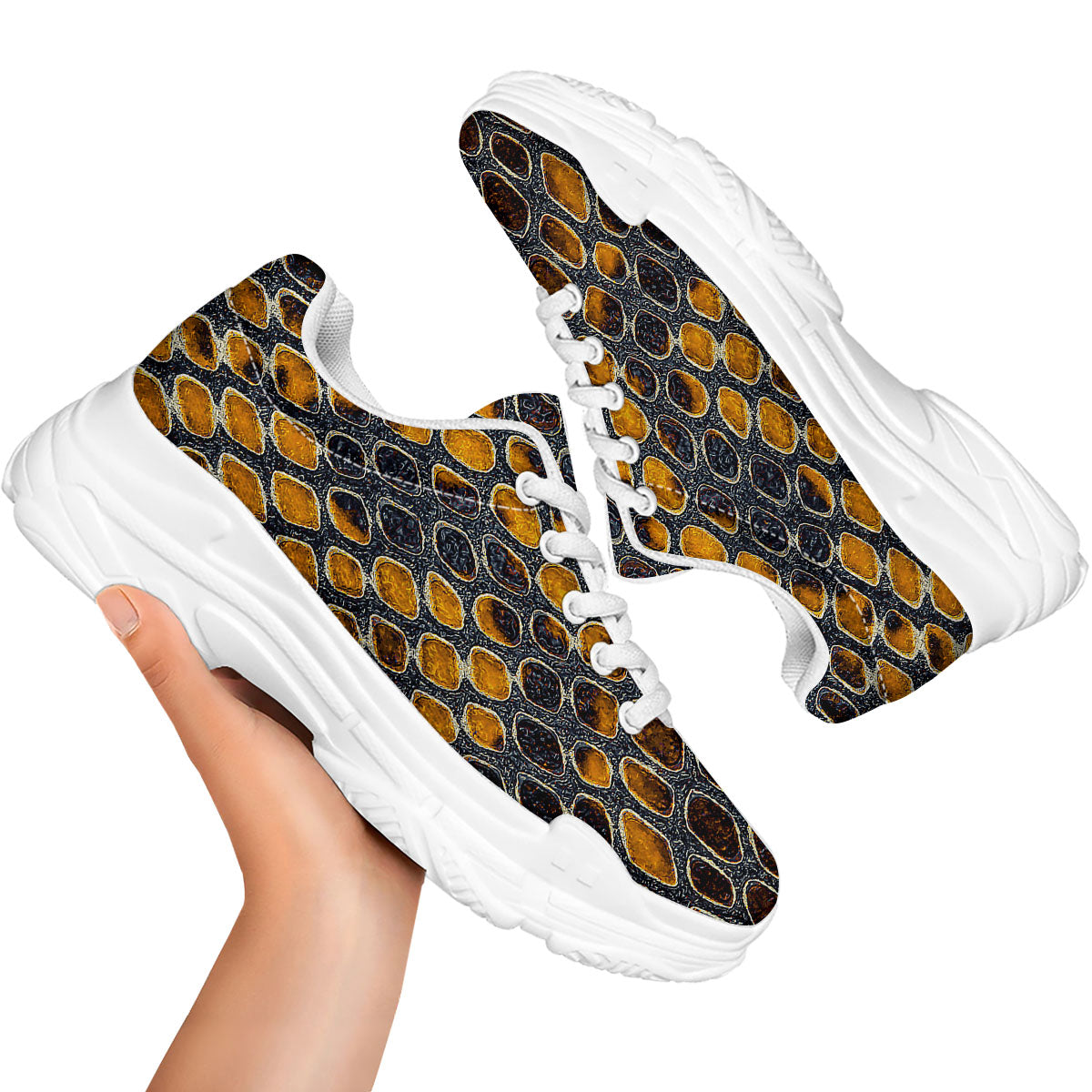 Snakeskin Yellow And Black Print White Chunky Shoes-grizzshop