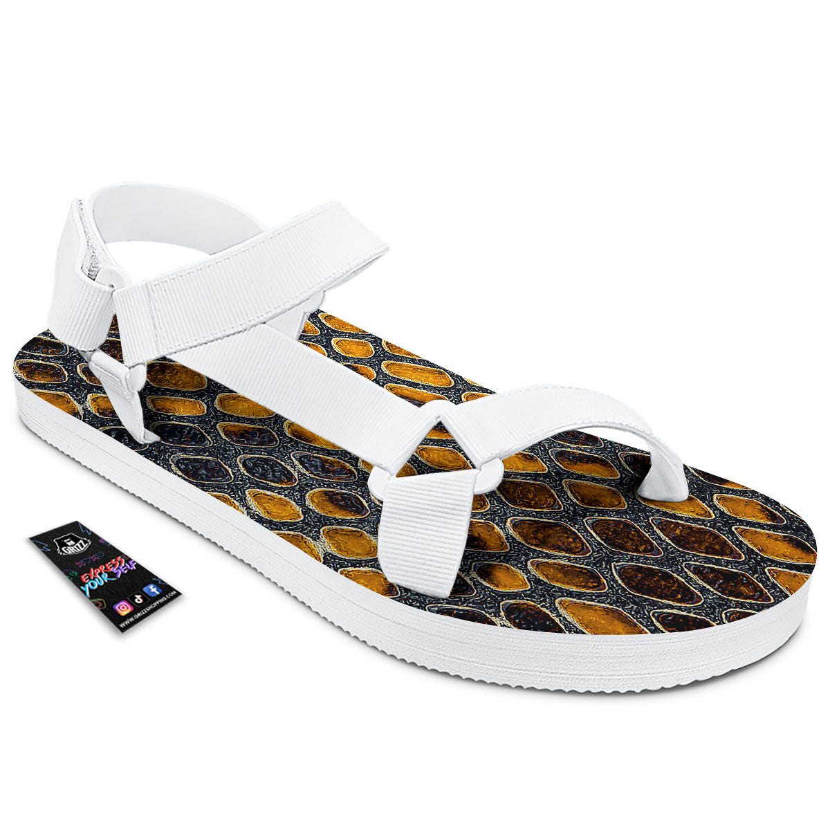 Snakeskin Yellow And Black Print White Open Toe Sandals-grizzshop