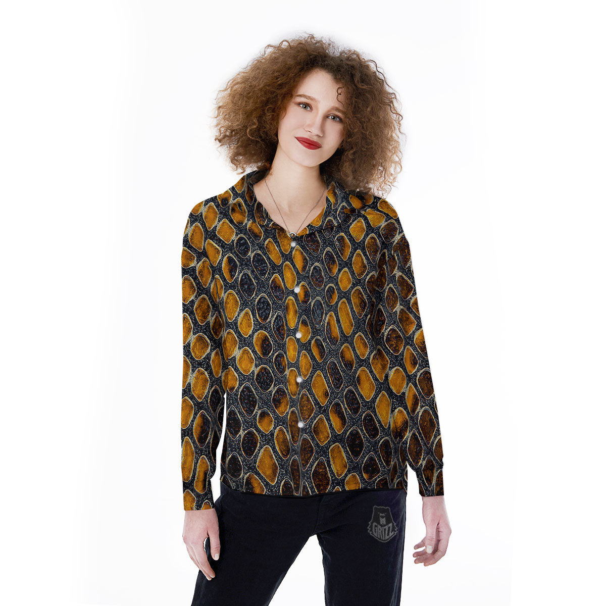 Snakeskin Yellow And Black Print Women's Long Sleeve Shirts-grizzshop