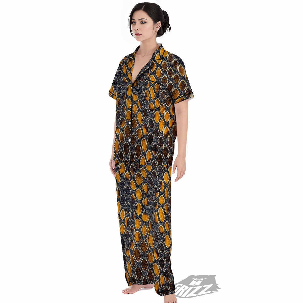 Snakeskin Yellow And Black Print Women's Pajamas Set-grizzshop