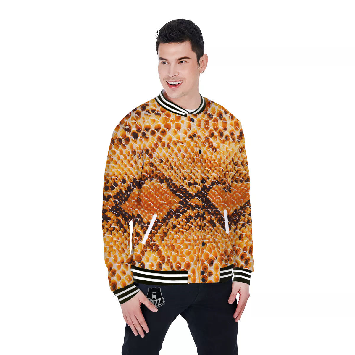 Snakeskin Yellow And Brown Print Baseball Jacket-grizzshop