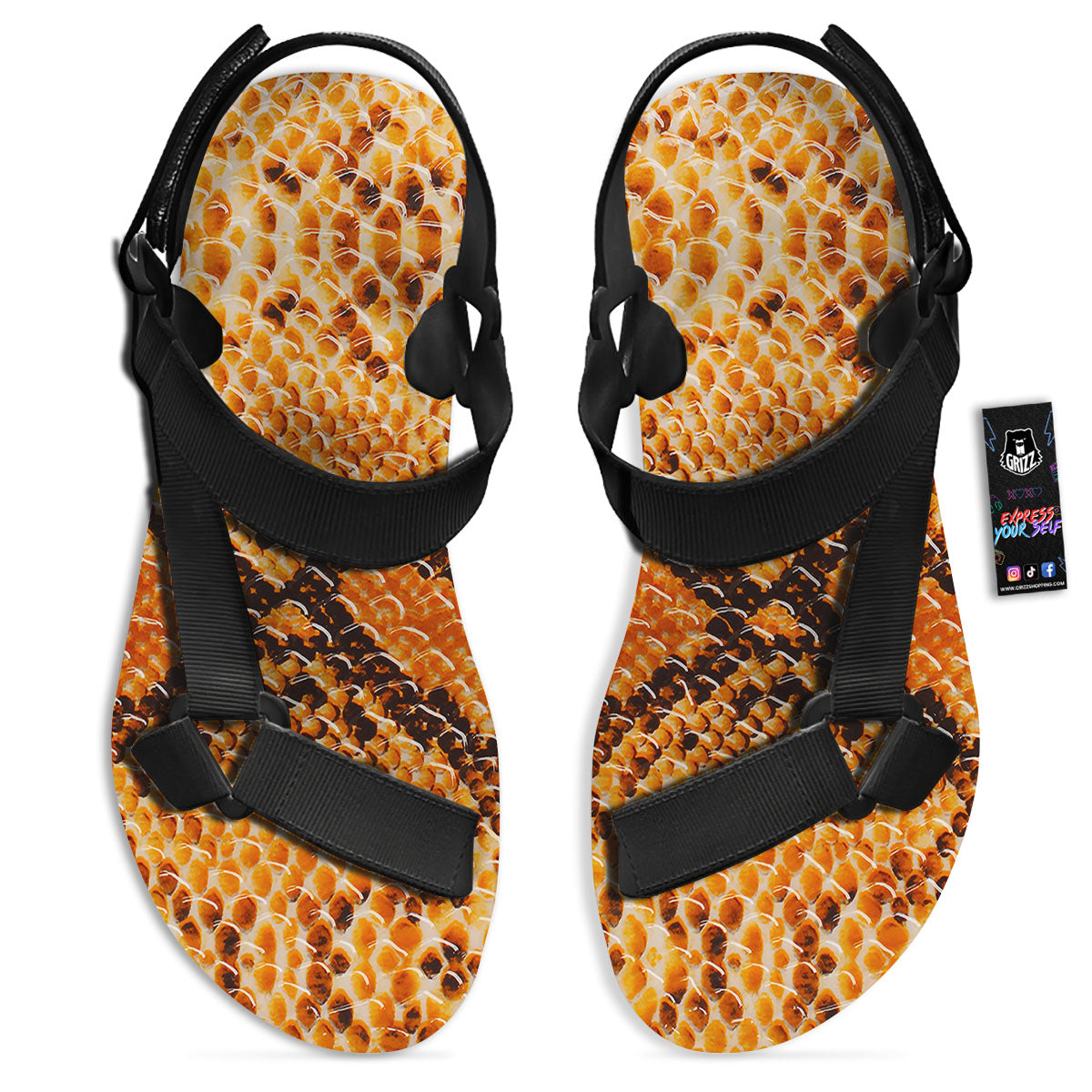 Snakeskin Yellow And Brown Print Black Open Toe Sandals-grizzshop
