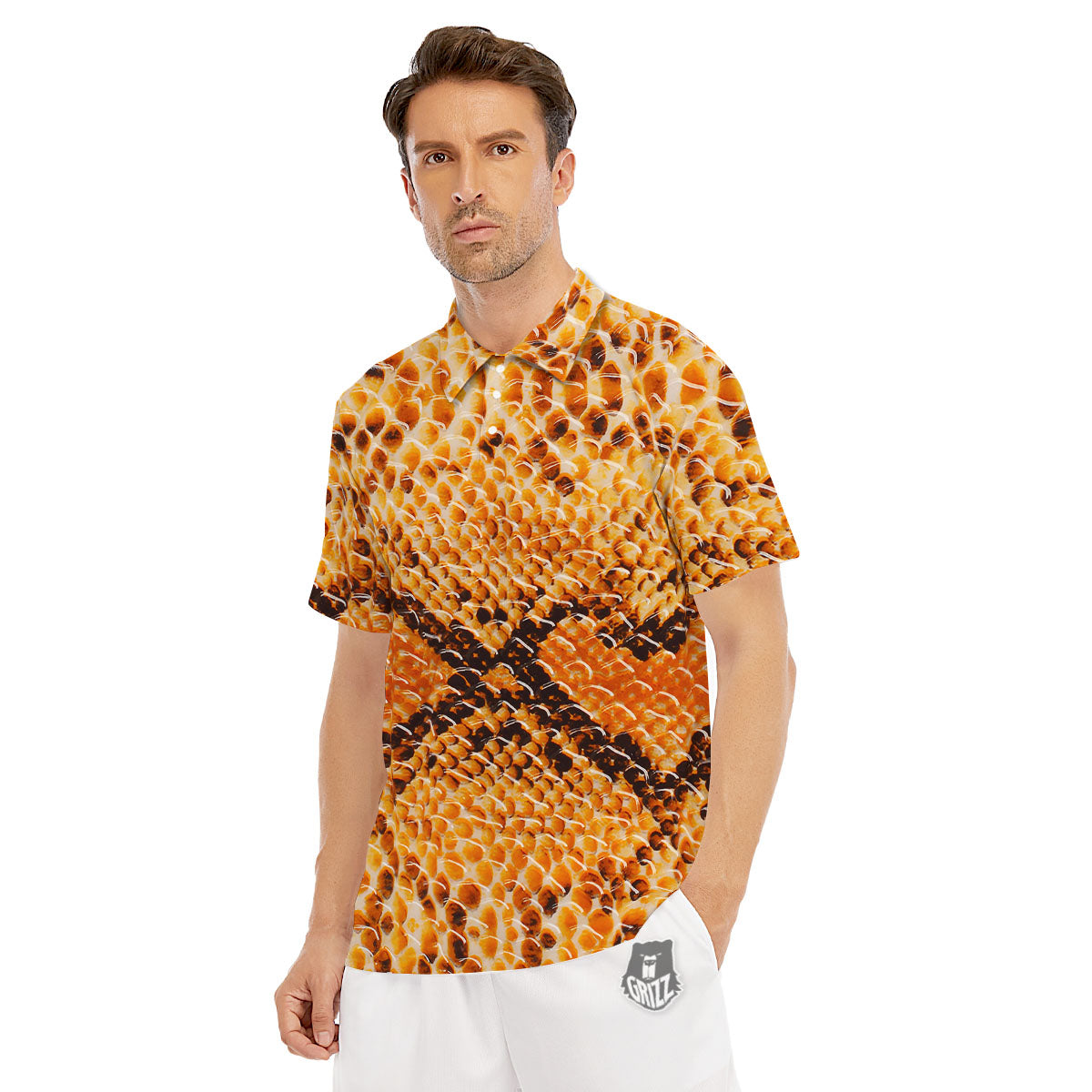 Snakeskin Yellow And Brown Print Men's Golf Shirts-grizzshop