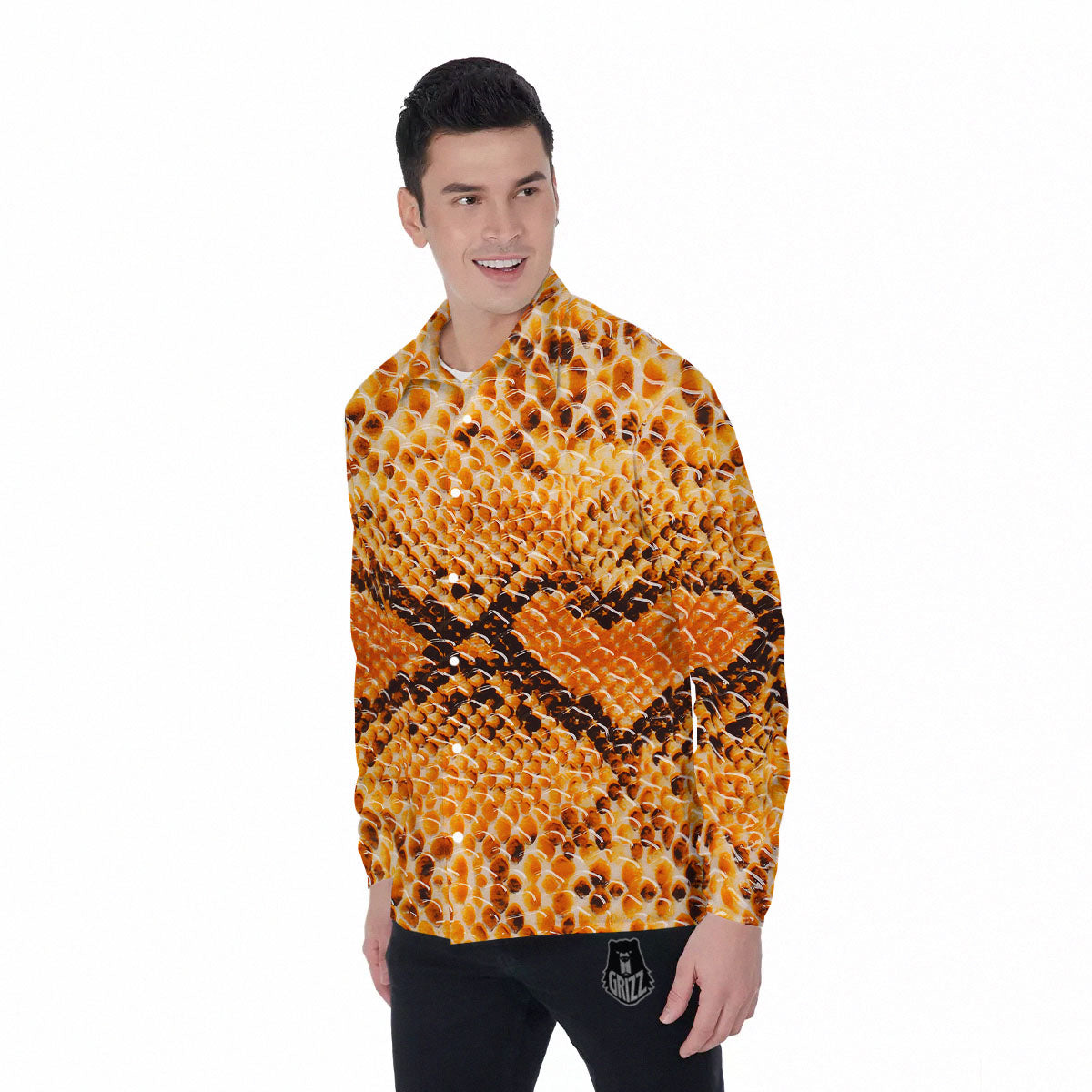 Snakeskin Yellow And Brown Print Men's Long Sleeve Shirts-grizzshop