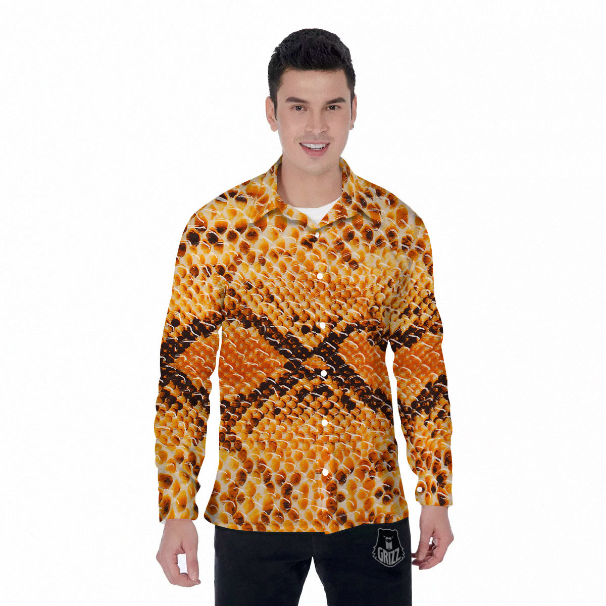 Snakeskin Yellow And Brown Print Men's Long Sleeve Shirts-grizzshop