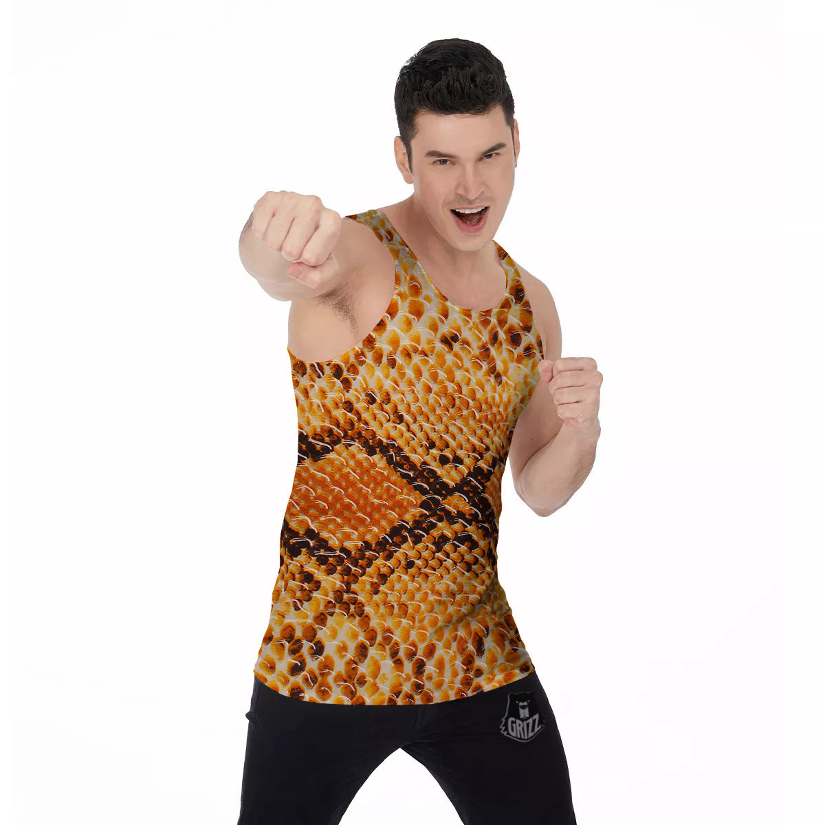 Snakeskin Yellow And Brown Print Men's Tank Top-grizzshop