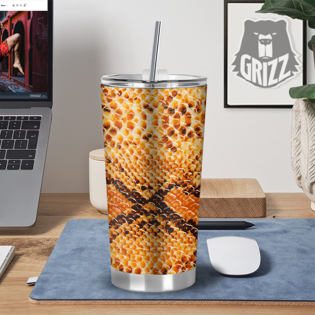 Snakeskin Yellow And Brown Print Tumbler-grizzshop