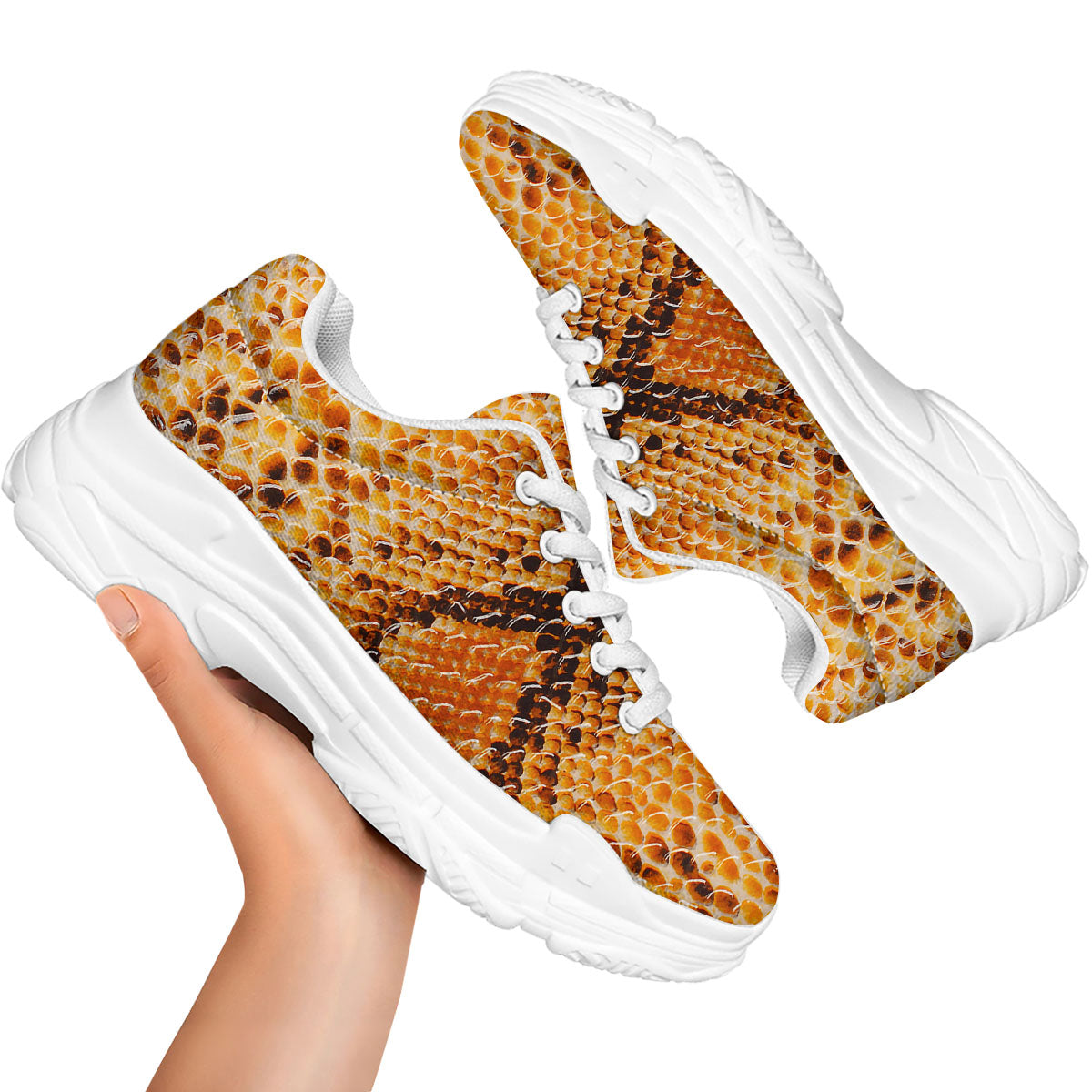 Snakeskin Yellow And Brown Print White Chunky Shoes-grizzshop