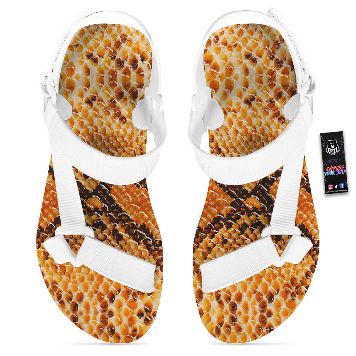 Snakeskin Yellow And Brown Print White Open Toe Sandals-grizzshop