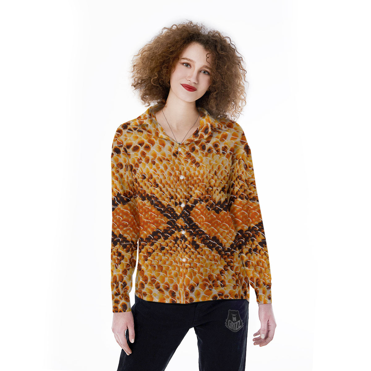 Snakeskin Yellow And Brown Print Women's Long Sleeve Shirts-grizzshop