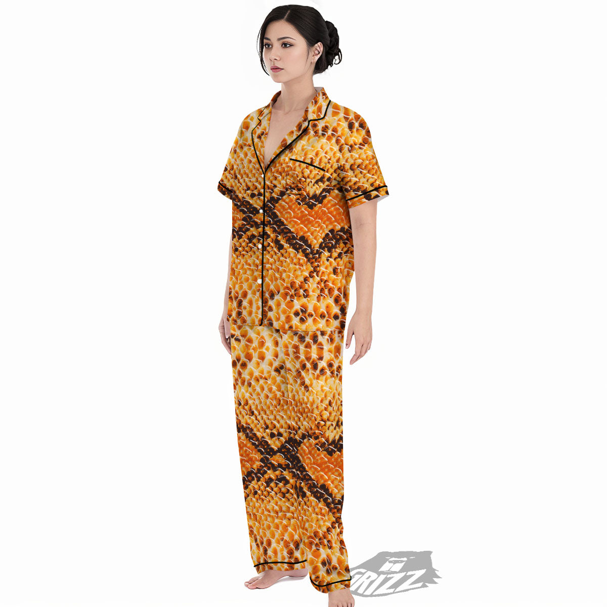 Snakeskin Yellow And Brown Print Women's Pajamas Set-grizzshop