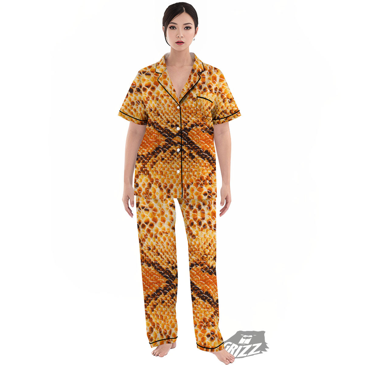 Snakeskin Yellow And Brown Print Women's Pajamas Set-grizzshop