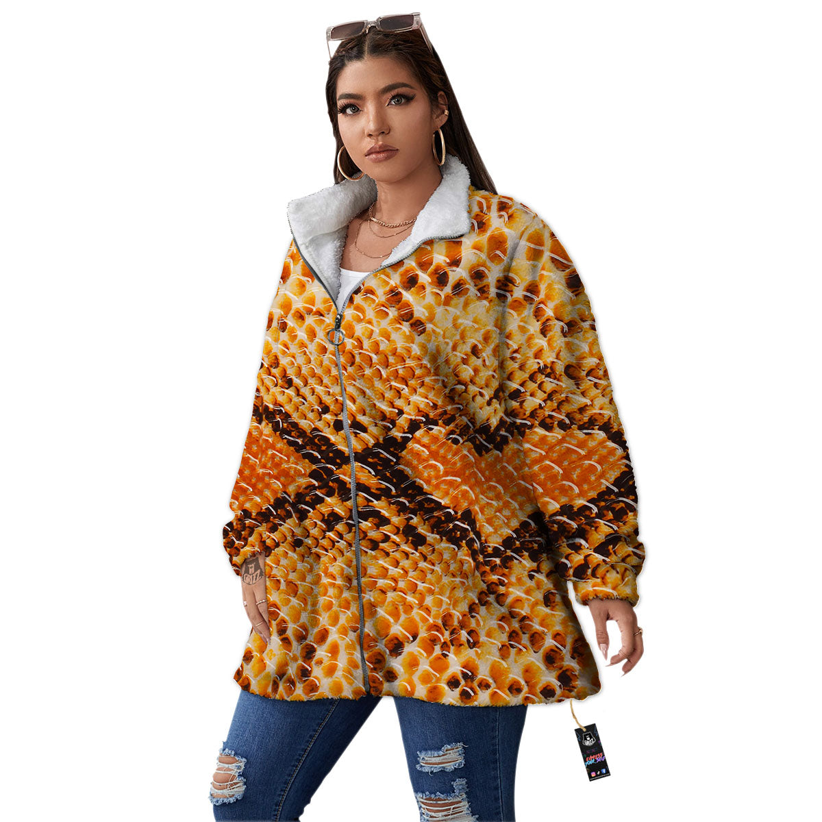 Snakeskin Yellow And Brown Print Women's Sherpa Jacket-grizzshop