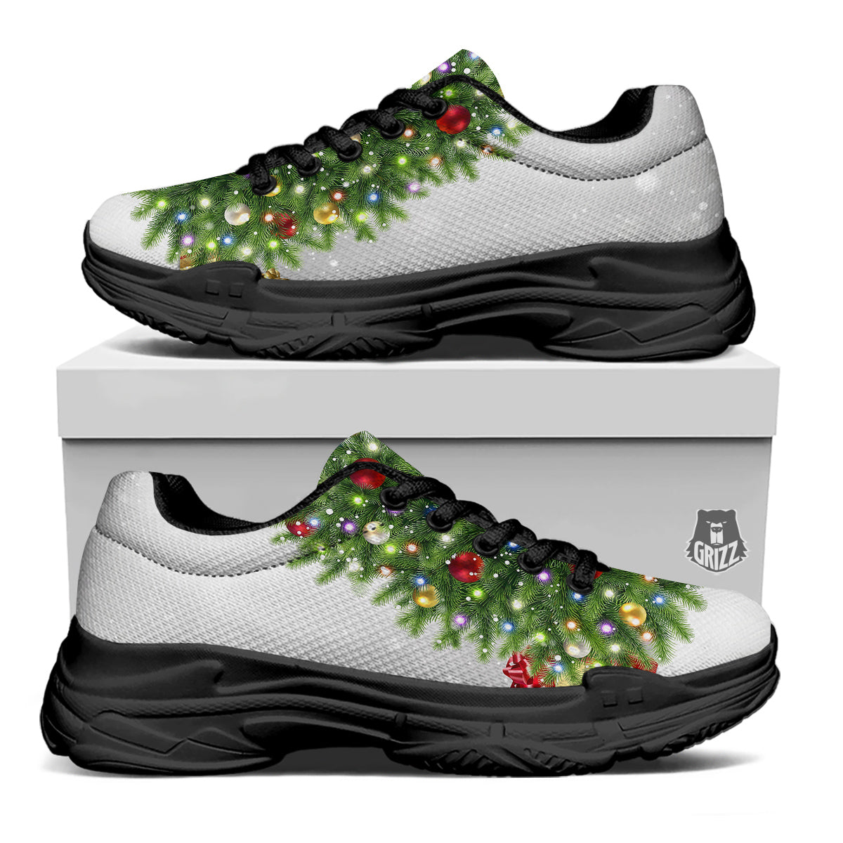 Snow And Christmas Tree Print Black Chunky Shoes-grizzshop