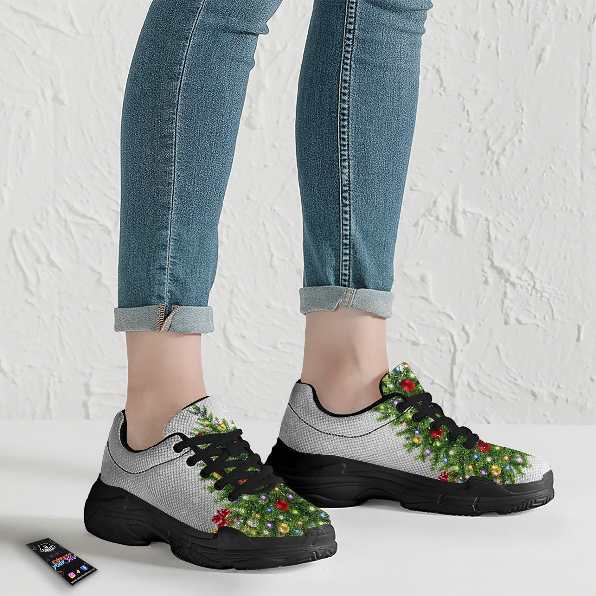 Snow And Christmas Tree Print Black Chunky Shoes-grizzshop