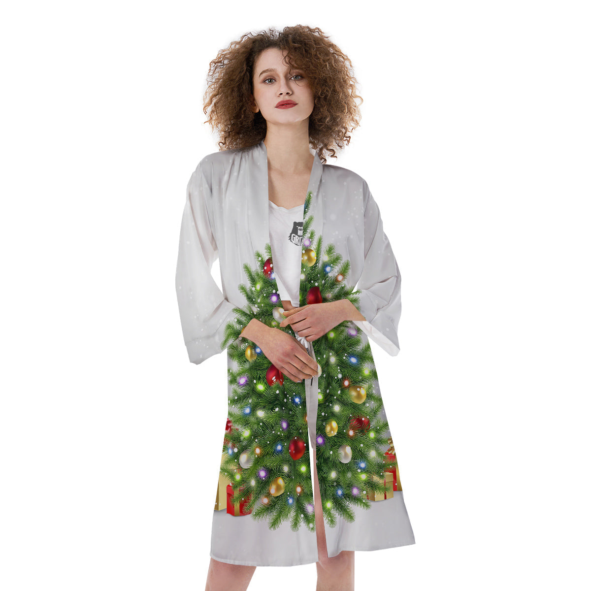 Snow And Christmas Tree Print Kimono-grizzshop