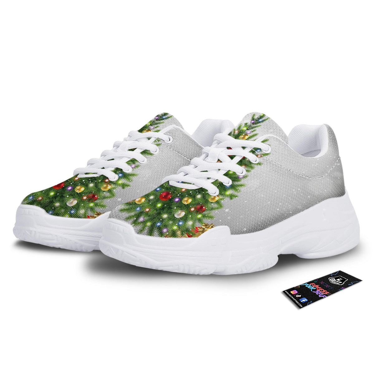 Snow And Christmas Tree Print White Chunky Shoes-grizzshop