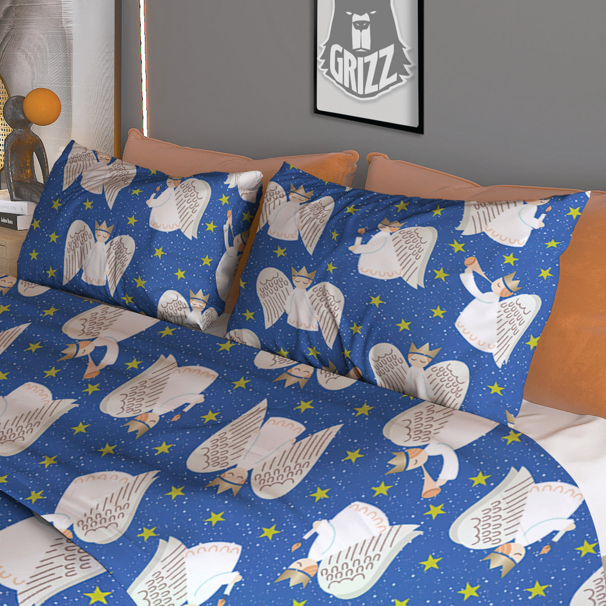 Snowflake And Angel Print Pattern Duvet Cover Bedding Set