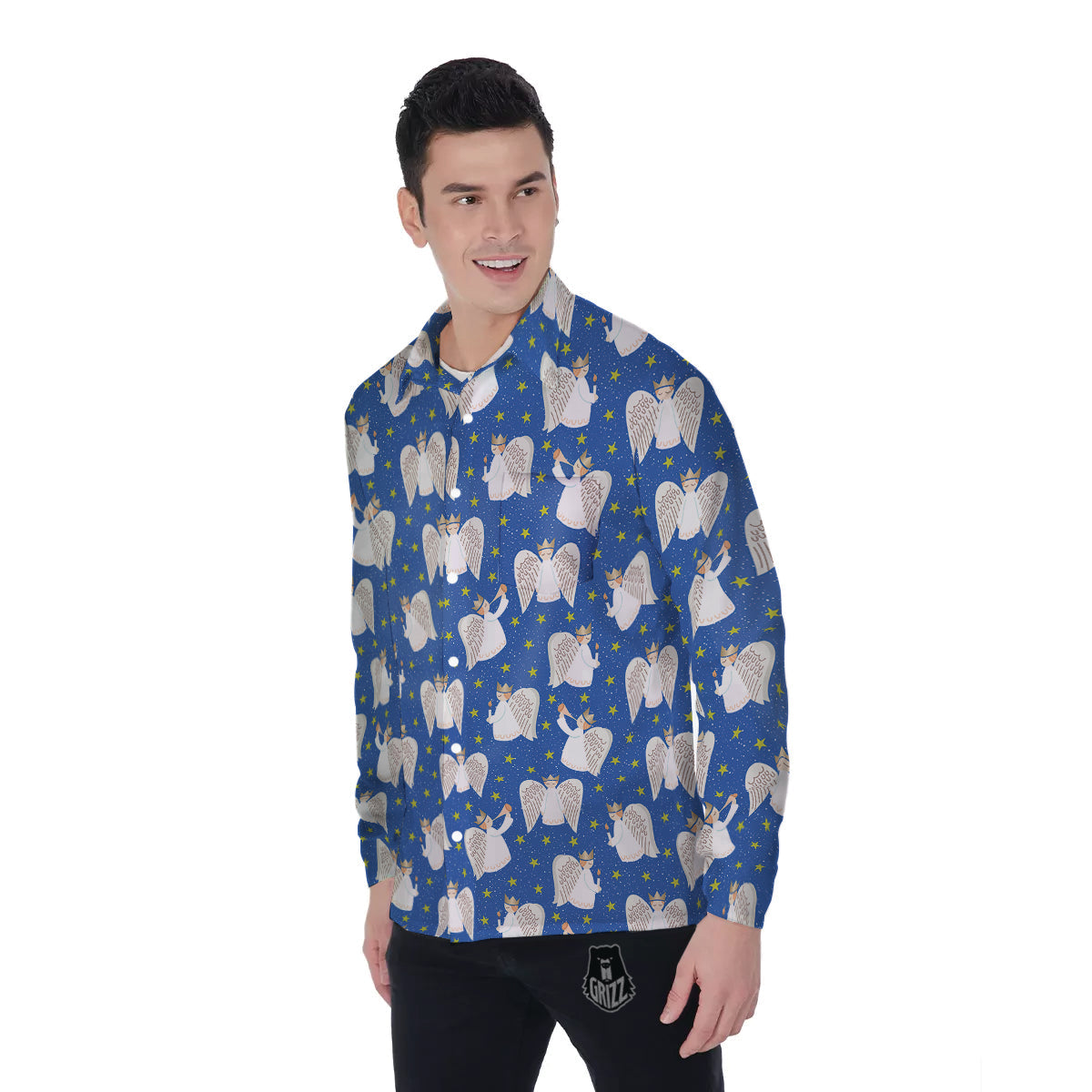 Snowflake And Angel Print Pattern Men's Long Sleeve Shirts-grizzshop