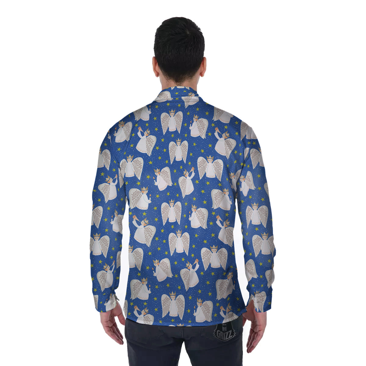 Snowflake And Angel Print Pattern Men's Long Sleeve Shirts-grizzshop