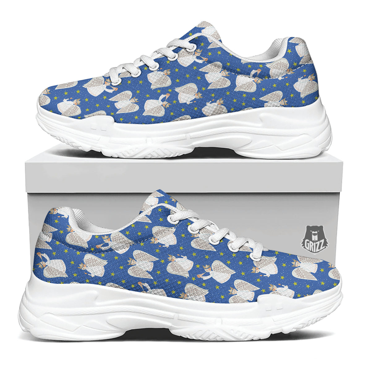Snowflake And Angel Print Pattern White Chunky Shoes-grizzshop