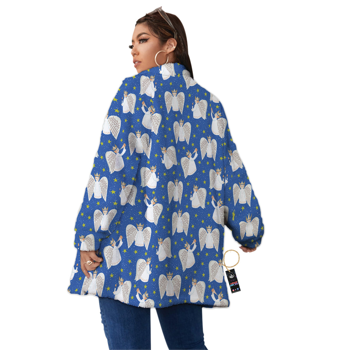 Snowflake And Angel Print Pattern Women's Sherpa Jacket-grizzshop
