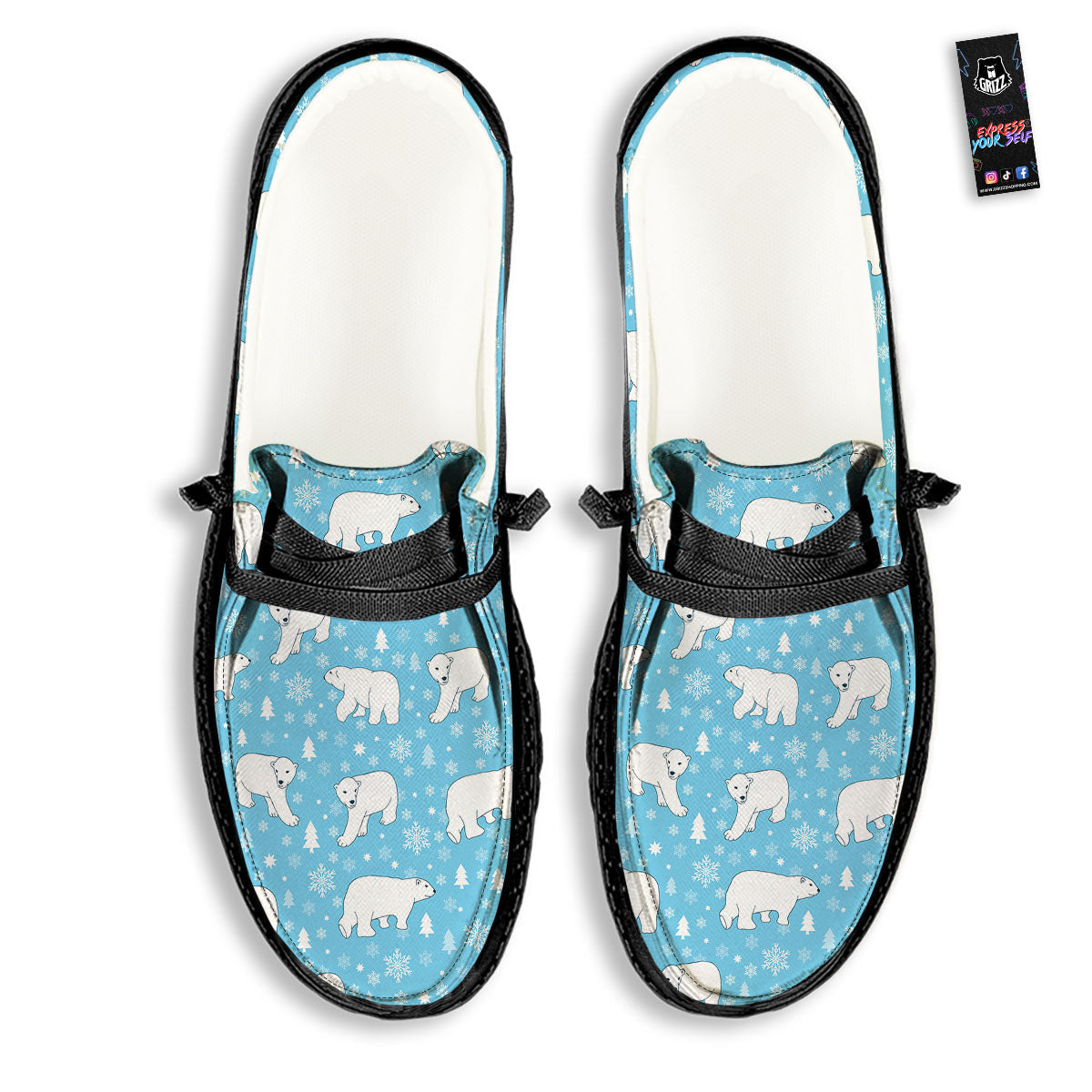 Snowflake And Polar Bear Print Pattern Black Loafers-grizzshop