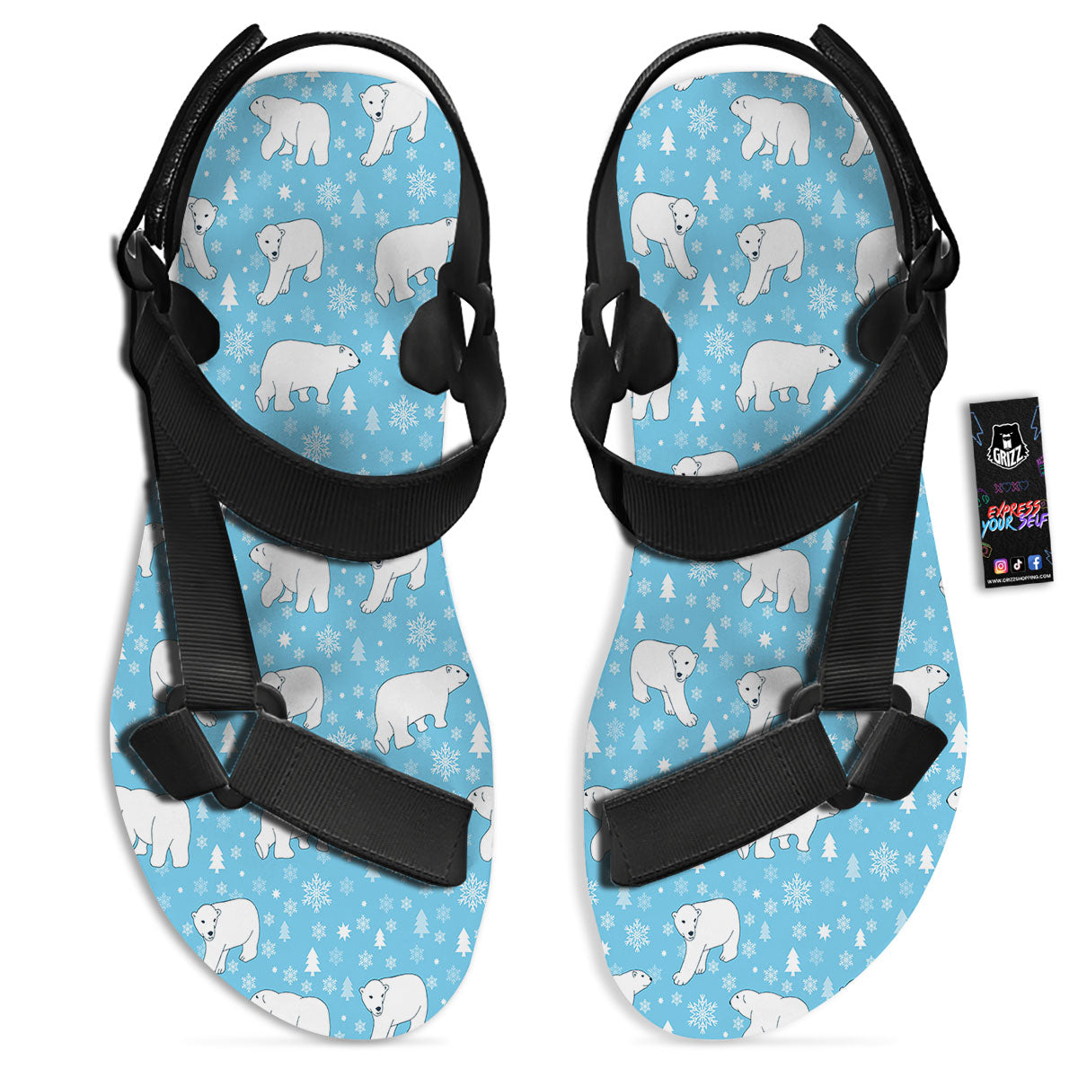 Snowflake And Polar Bear Print Pattern Black Open Toe Sandals-grizzshop