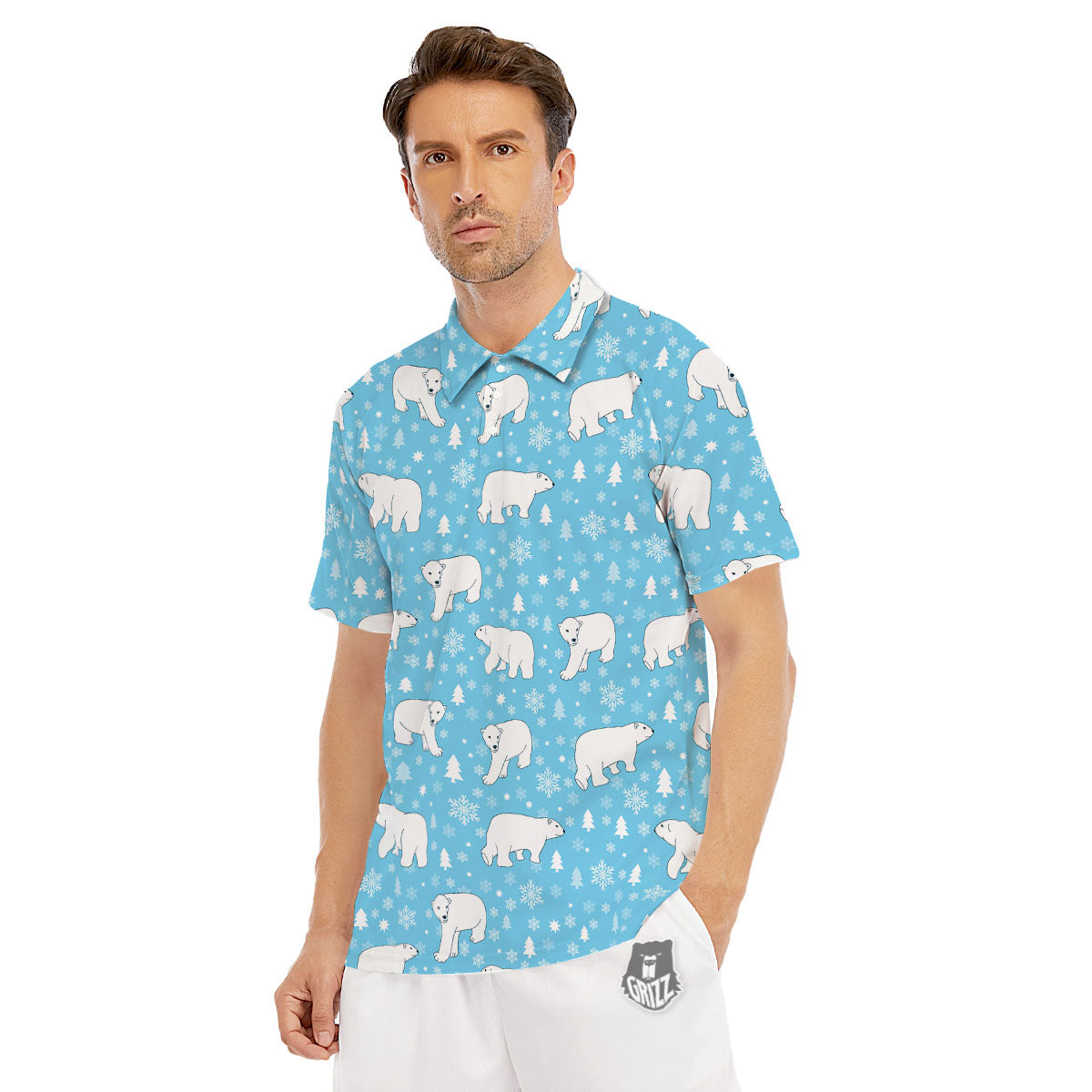 Snowflake And Polar Bear Print Pattern Men's Golf Shirts-grizzshop