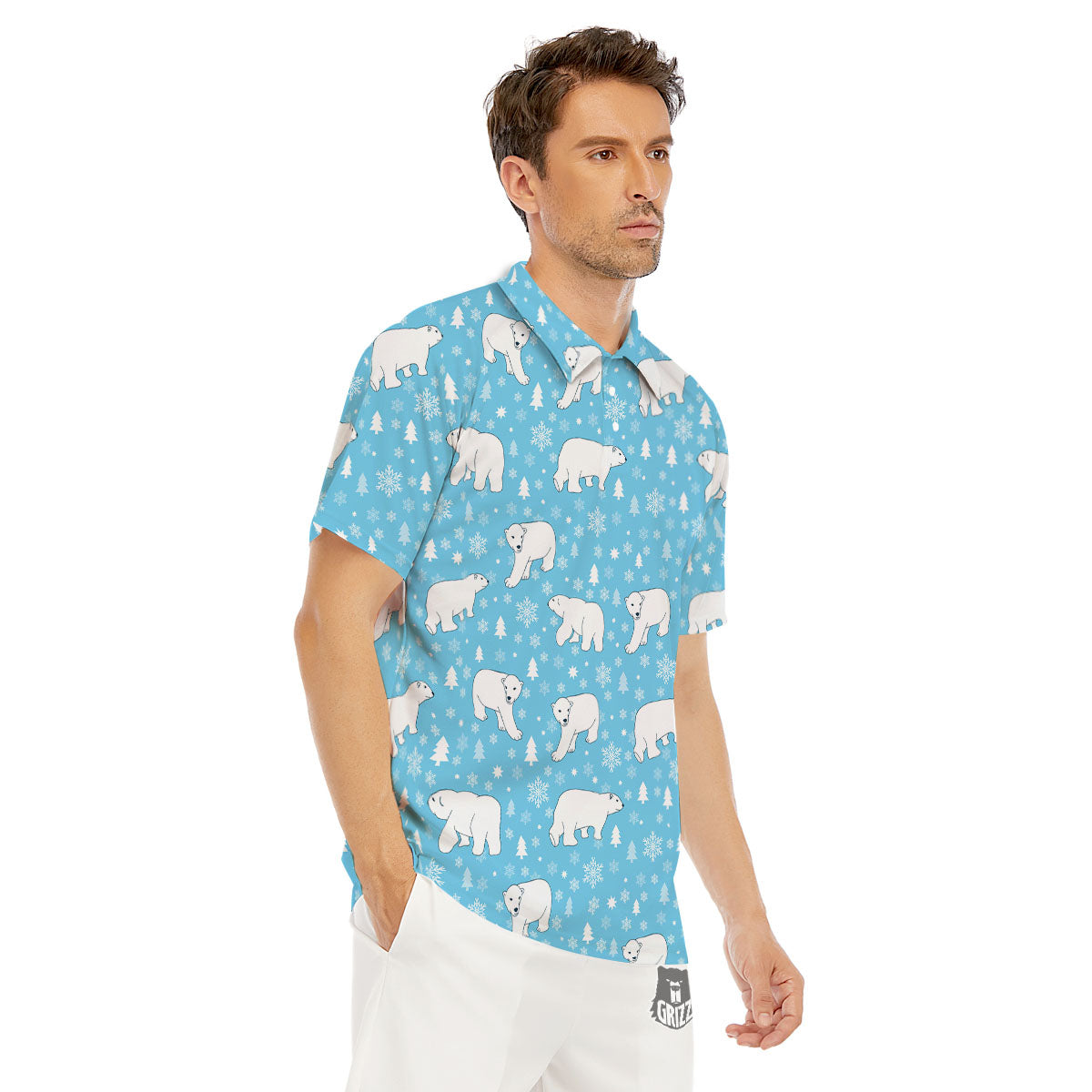 Snowflake And Polar Bear Print Pattern Men's Golf Shirts-grizzshop