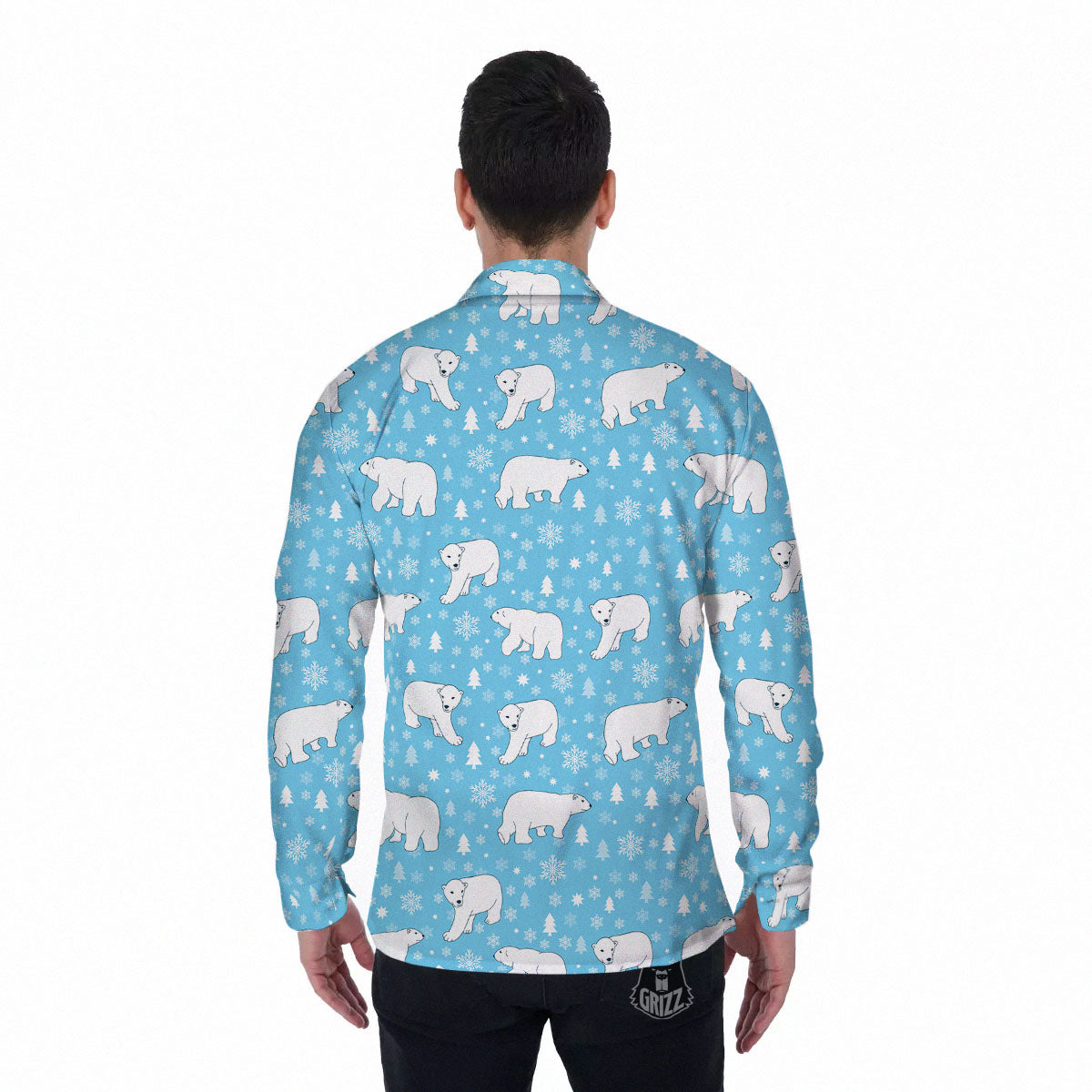 Snowflake And Polar Bear Print Pattern Men's Long Sleeve Shirts-grizzshop