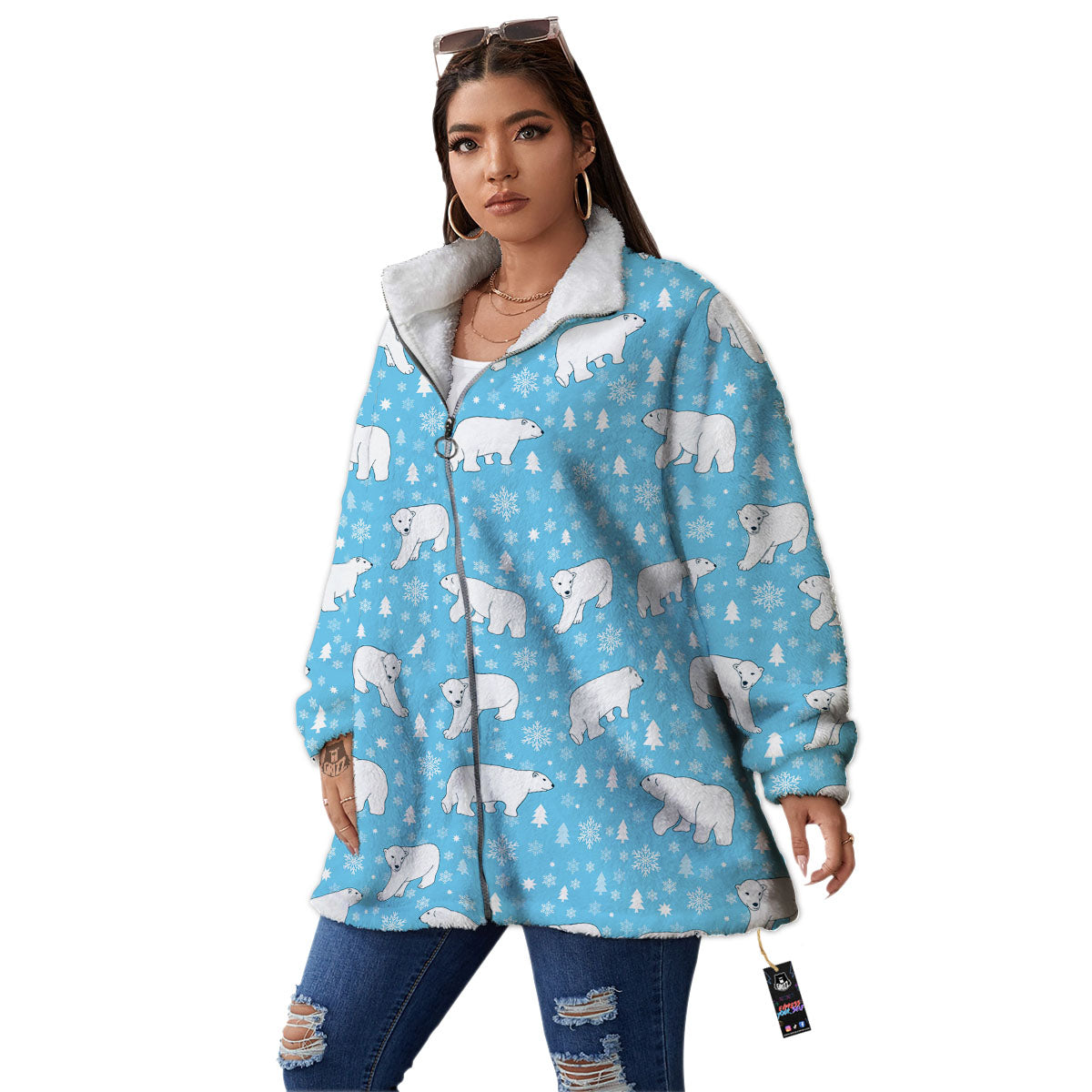 Snowflake And Polar Bear Print Pattern Women's Sherpa Jacket-grizzshop
