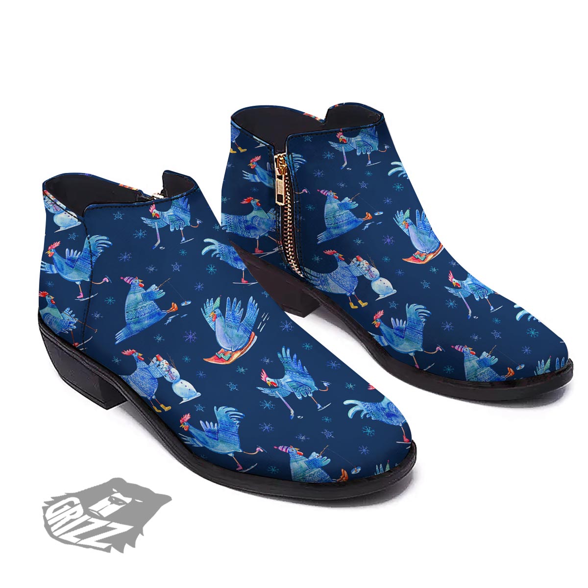 Snowflake And Rooster Print Pattern Ankle Boots-grizzshop