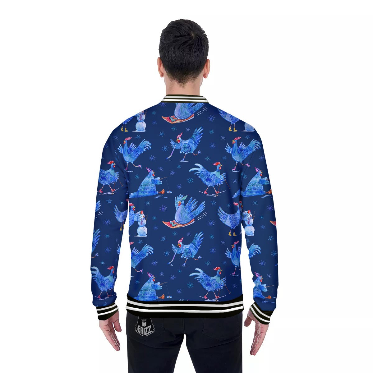 Snowflake And Rooster Print Pattern Baseball Jacket-grizzshop