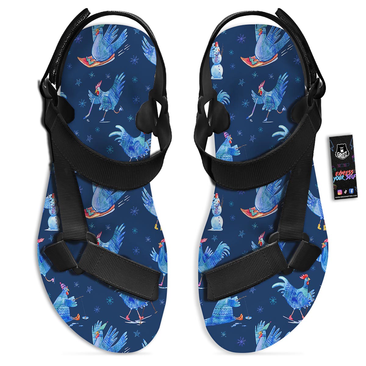 Snowflake And Rooster Print Pattern Black Open Toe Sandals-grizzshop