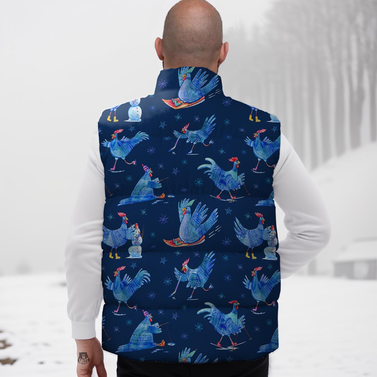 Snowflake And Rooster Print Pattern Down Vest-grizzshop